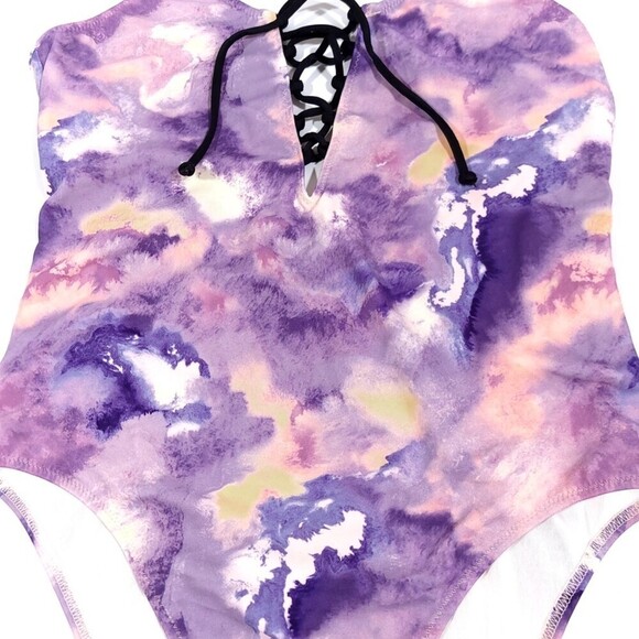 PINK Victorias Secret Lace Up Tie Dye One Piece Swimsuit boho Purple Haze Small - Picture 3 of 10